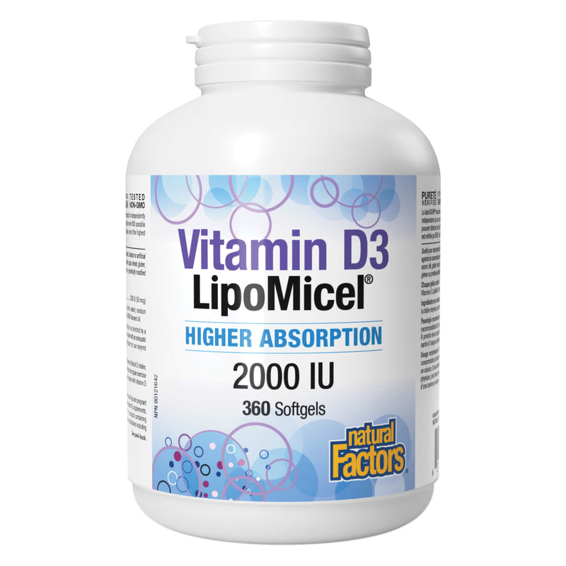 Bottle of Natural Factors Lipomicel Vitamin D 2000IU 360 Softgels