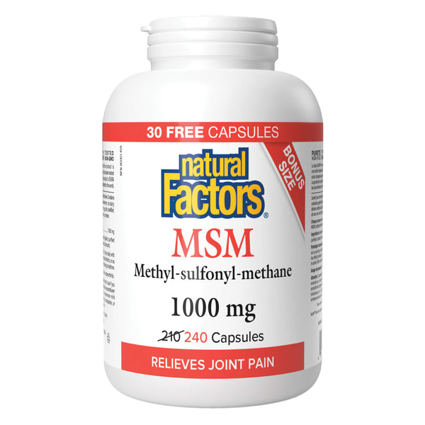 Bottle of Natural Factors MSM Methyl-Sulfonyl-Methane 1000 mg 240 Capsules