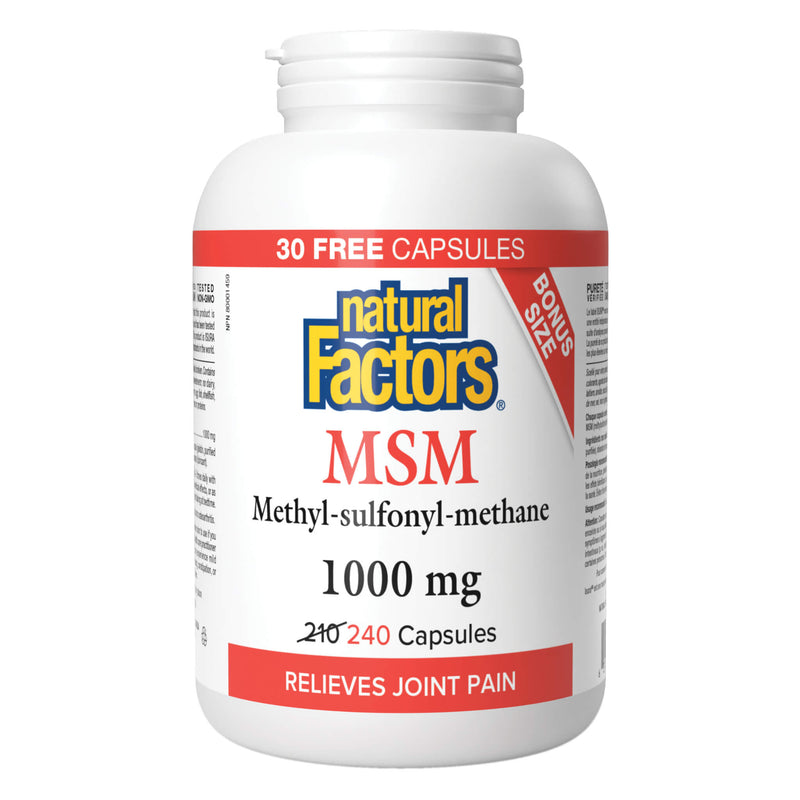 Bottle of Natural Factors MSM Methyl-Sulfonyl-Methane 1000 mg 240 Capsules