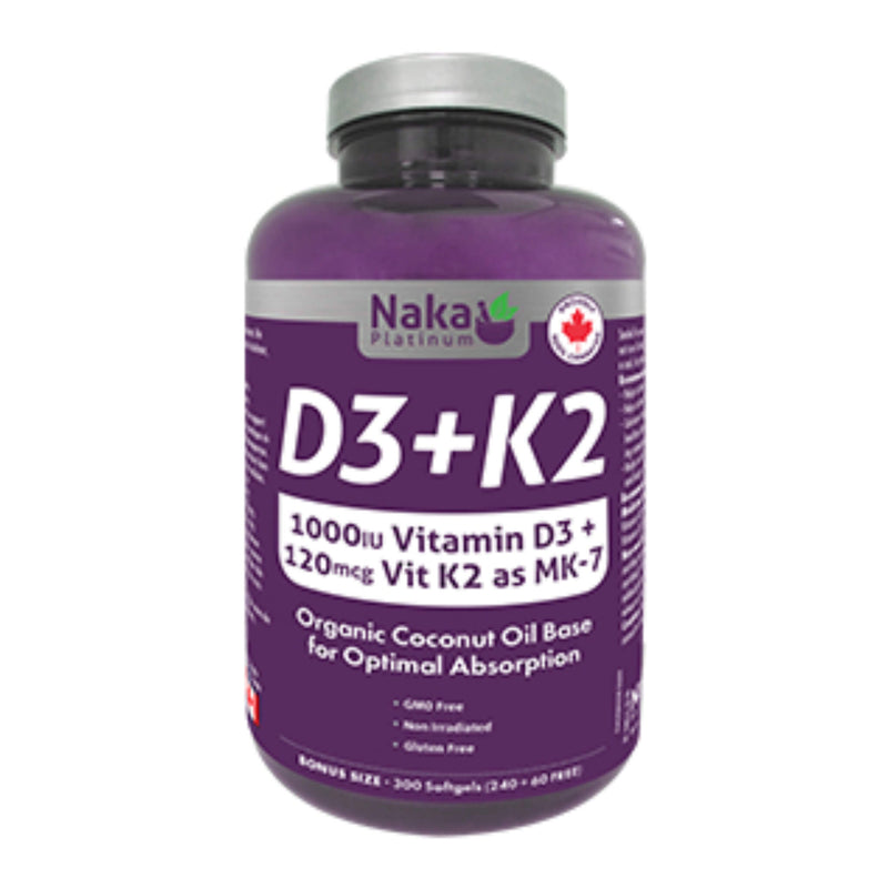 Bottle of Naka D3+K2 1000IUVitaminD3+120mcgVitK2AsMK-7 300Softgels