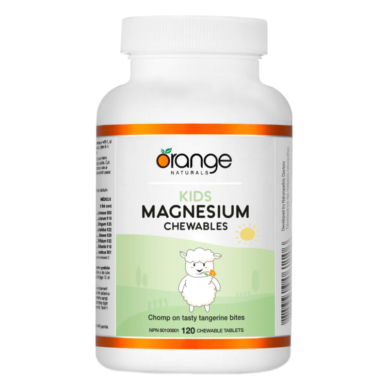 Bottle of Orange Naturals Kids Magnesium Chewables Tangerine 120 Chewable Tablets