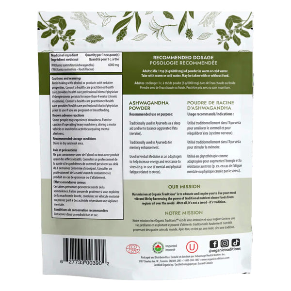 Back of Organic Traditions Ashwagandha Root Powder 200g
