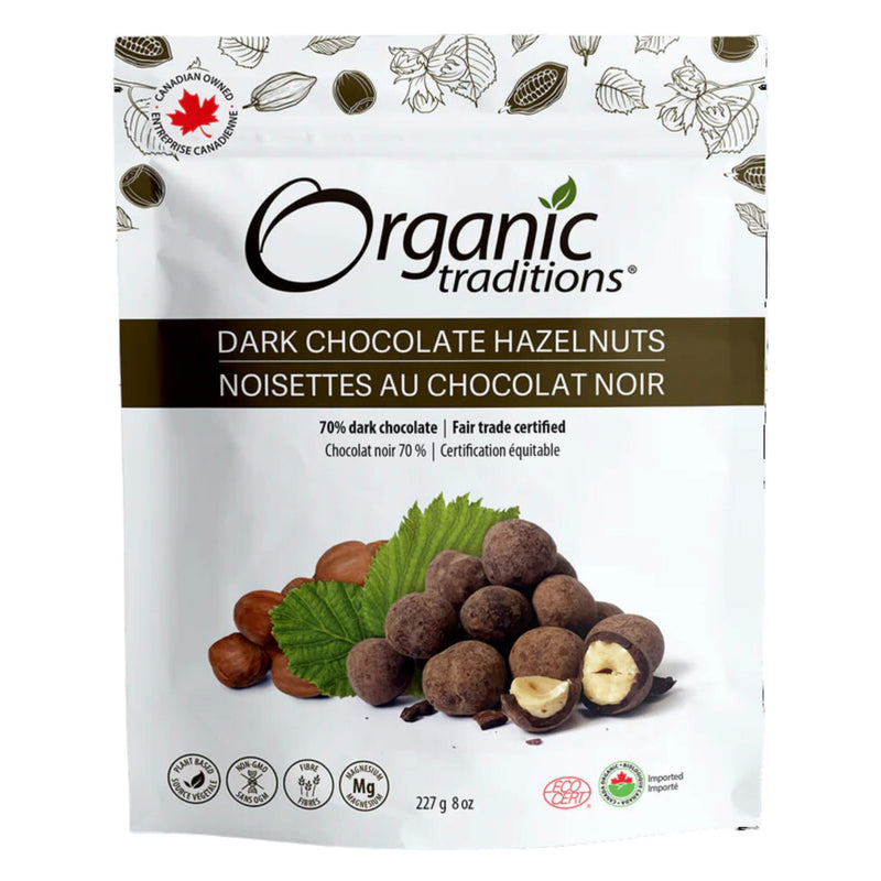 Bag of Organic Traditions Dark Chocolate Covered Hazelnuts 227g
