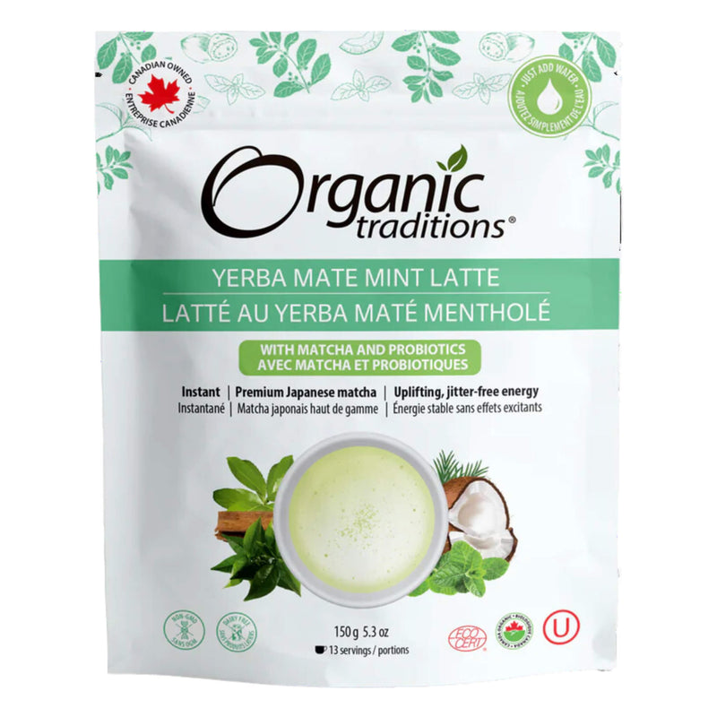 Bag of Organic Traditions Yerba Mate Mint Latte with Matcha & Probiotics 150g
