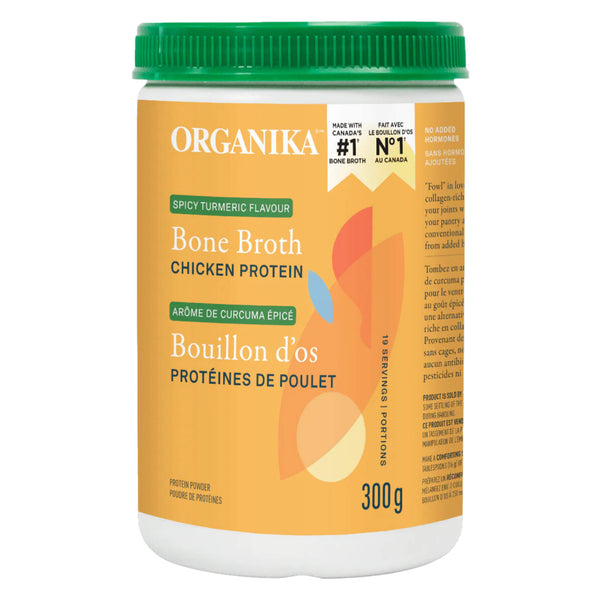 Tub of Organika BoneBroth ChickenProteinPowder SpicyTurmeric 300Grams
