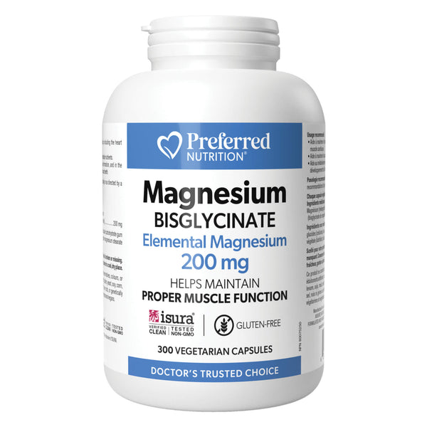 Bottle of PreferredNutrition MagnesiumBisglycinate 200mg 300VegetarianCapsules