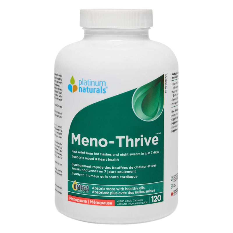 Bottle of PlatinumNaturals Meno-Thrive 120VeganLiquidCapsules