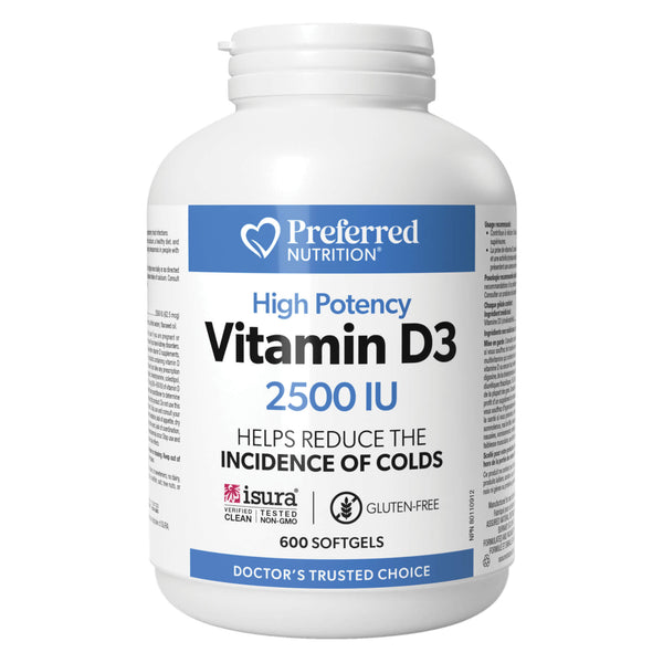 Bottle of PreferredNutrition VitaminD3 2500IU 600Softgels