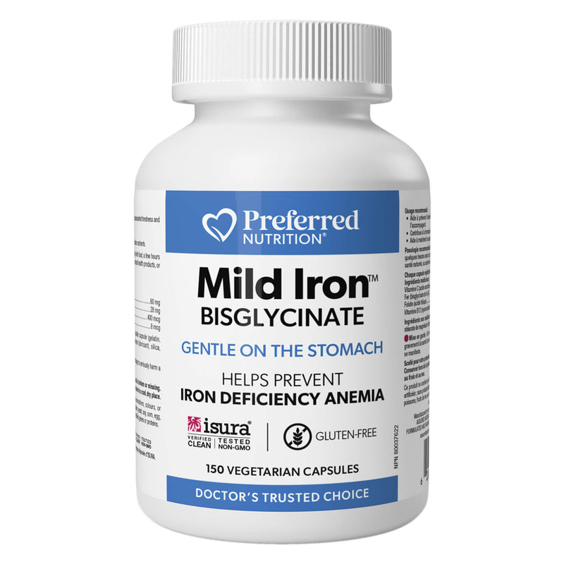 Bottle of Preferred Nutrition Mild Iron Bisglycinate 150 Vegetarian Capsules