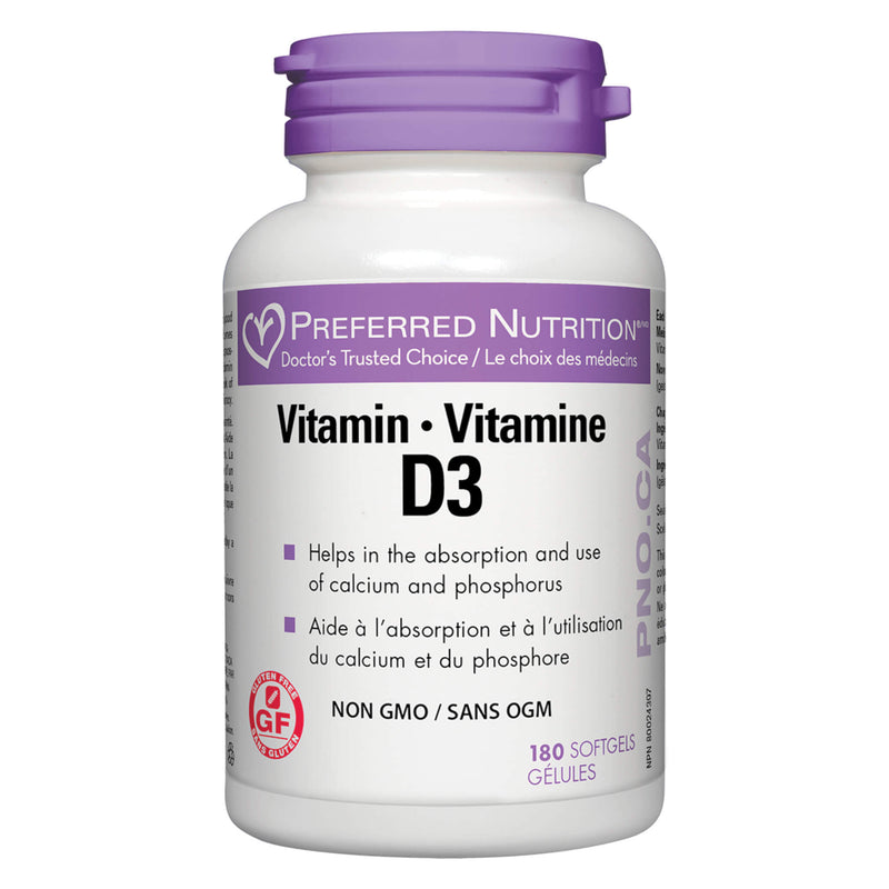 Bottle of PreferredNutrition VitaminD3 1000IU 180Softgels