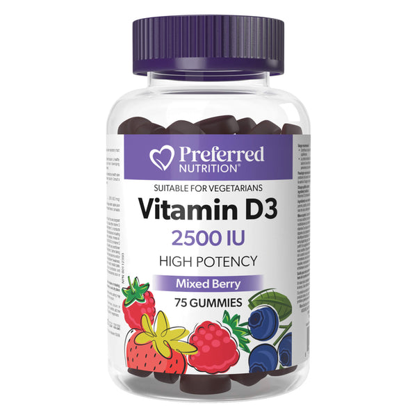 Bottle of PreferredNutrition VitaminD3 2500IU MixedBerry 75Gummies