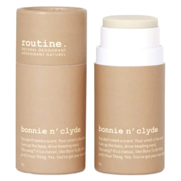 Tubes of Routine. Natural Deodorant BonnieN'Clyde 50gStick with & without cap