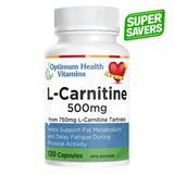 Bottle of Optimum Health Vitamins L-Carnitine 500 mg Super Saver 120 Capsules
