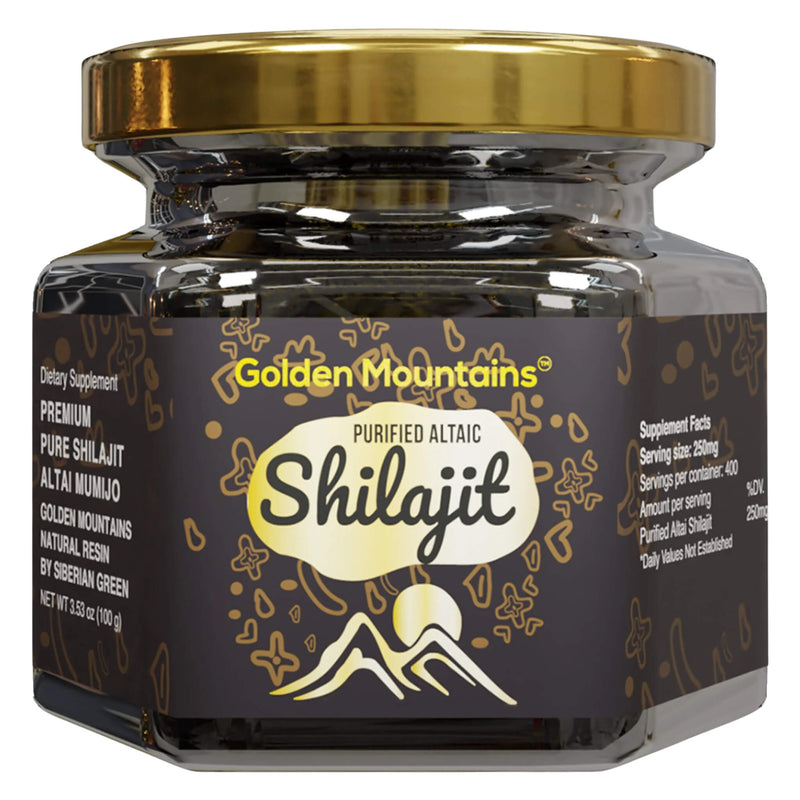 Bottle of SiberianGreen GoldenMountains PurifiedAltaicShilajit 250mg