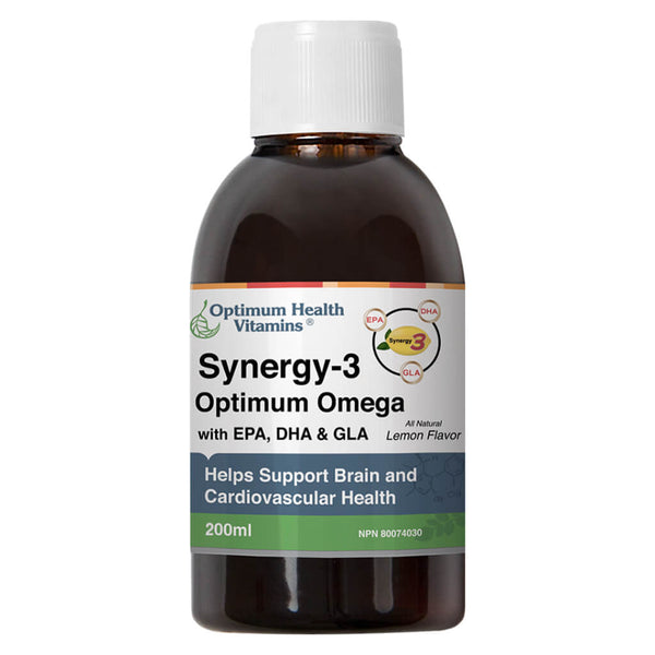 Bottle of Optimum Health Vitamins Synergy-3 Optimum Omega 200ml