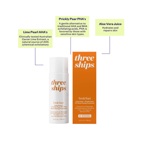 Three Ships Fresh Start Lime Pearl + Prickly Pear 5% PHA Resurfacing Treatment Benefits
