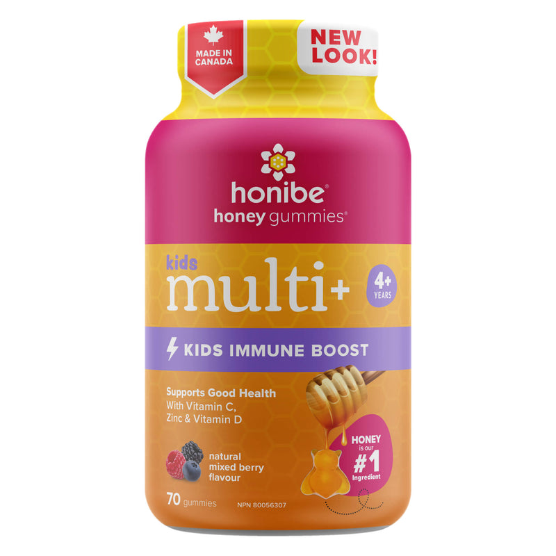 Bottle of honibe Kid'sImmuneBoost Multi+ NaturalMixedBerryFlavour 70gummies