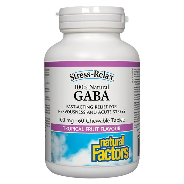 Bottle of Stress-Relax® 100% Natural GABA 100 mg Tropical Fruit Flavour 60 Chewable Tablets