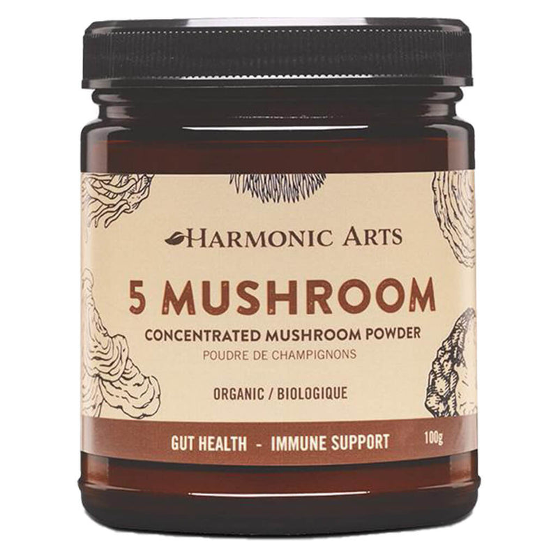 Jar of Harmonic Arts 5 Mushroom Concentrated Mushroom Powder 100 Grams