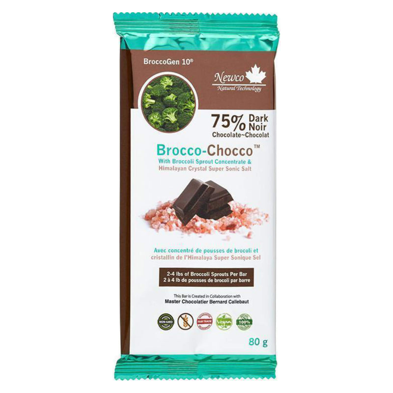 Package of Newco Brocco-Chocco OrganicChocolateBar 75%DarkChocolate 80g