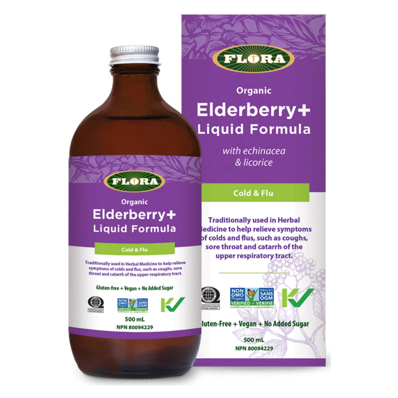 Bottle and Box of Flora Elderberry+ Liquid Formula 500 Milliliters