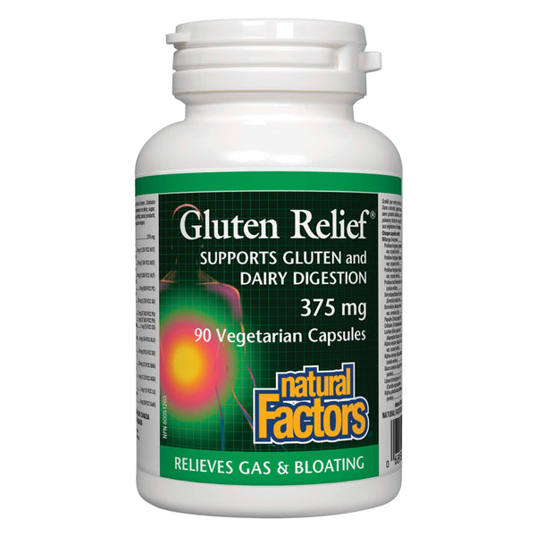 Bottle of Natural Factors Gluten Relief 90 Vegetarian Capsules