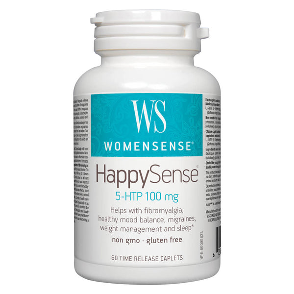 Bottle of WomenSense HappySense 5-HTP 100 mg 60 Time-Release Caplets