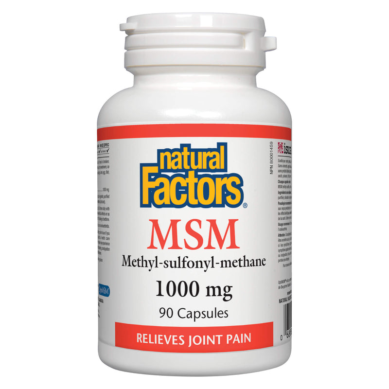 Bottle of Natural Factors MSM Methyl-sulfonyl-methane 1000 mg 90 Capsules