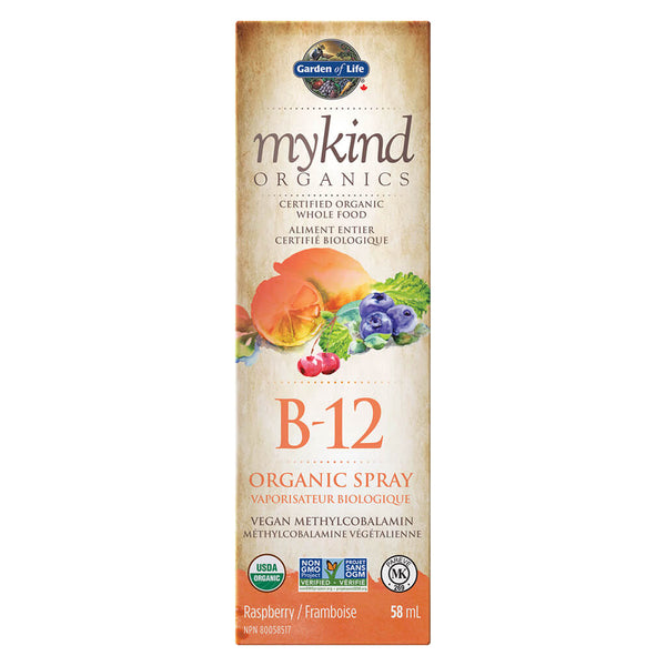 Box of Garden of Life MyKind Organics B-12 Organic Spray Raspberry Flavour 58 Milliliters