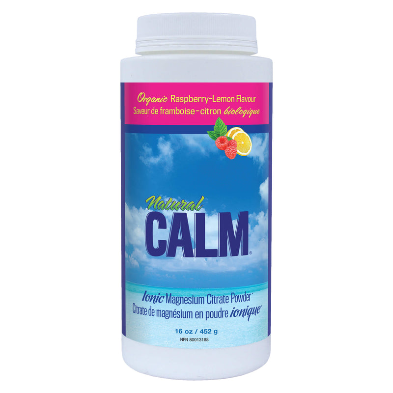 Bottle of Natural Calm Ionic Citrate Powder Organic Raspberry-Lemon Flavour 452 Grams 16 Ounces | Optimum Health Vitamins, Canada