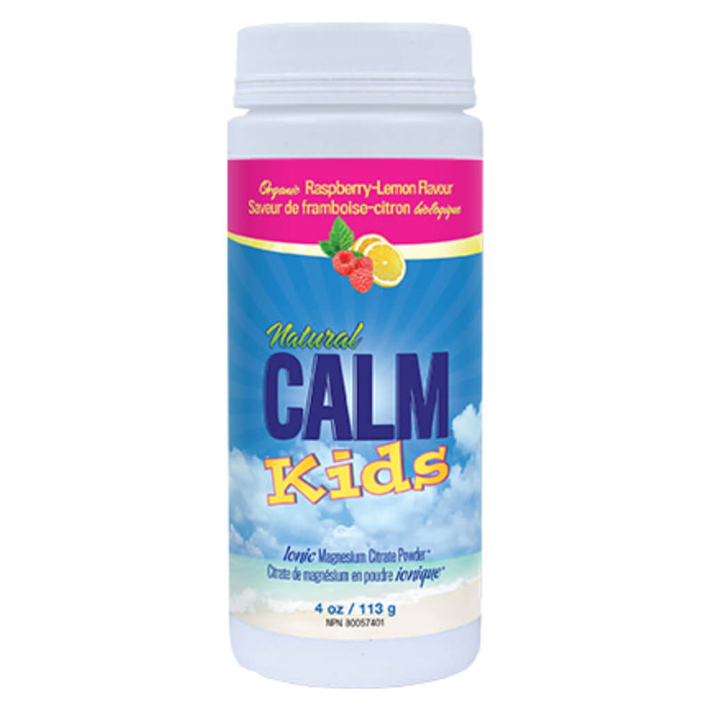 Bottle of Natural Calm Kids Ionic Magnesium Citrate Powder Organic Raspberry-Lemon Flavour 113 Grams 4 Ounces | Optimum Health Vitamins, Canada