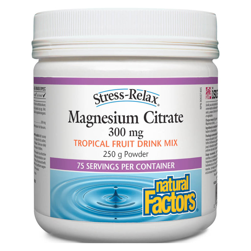 Container of Natural Factors Stress-Relax® Magnesium Citrate Powder Tropical Fruit Drink Mix 250 Grams