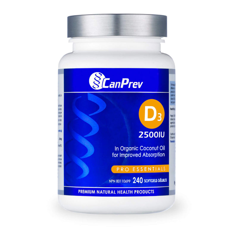 Bottle of CanPrev D3 2,500 IU MCT Oil Base 240 Softgels